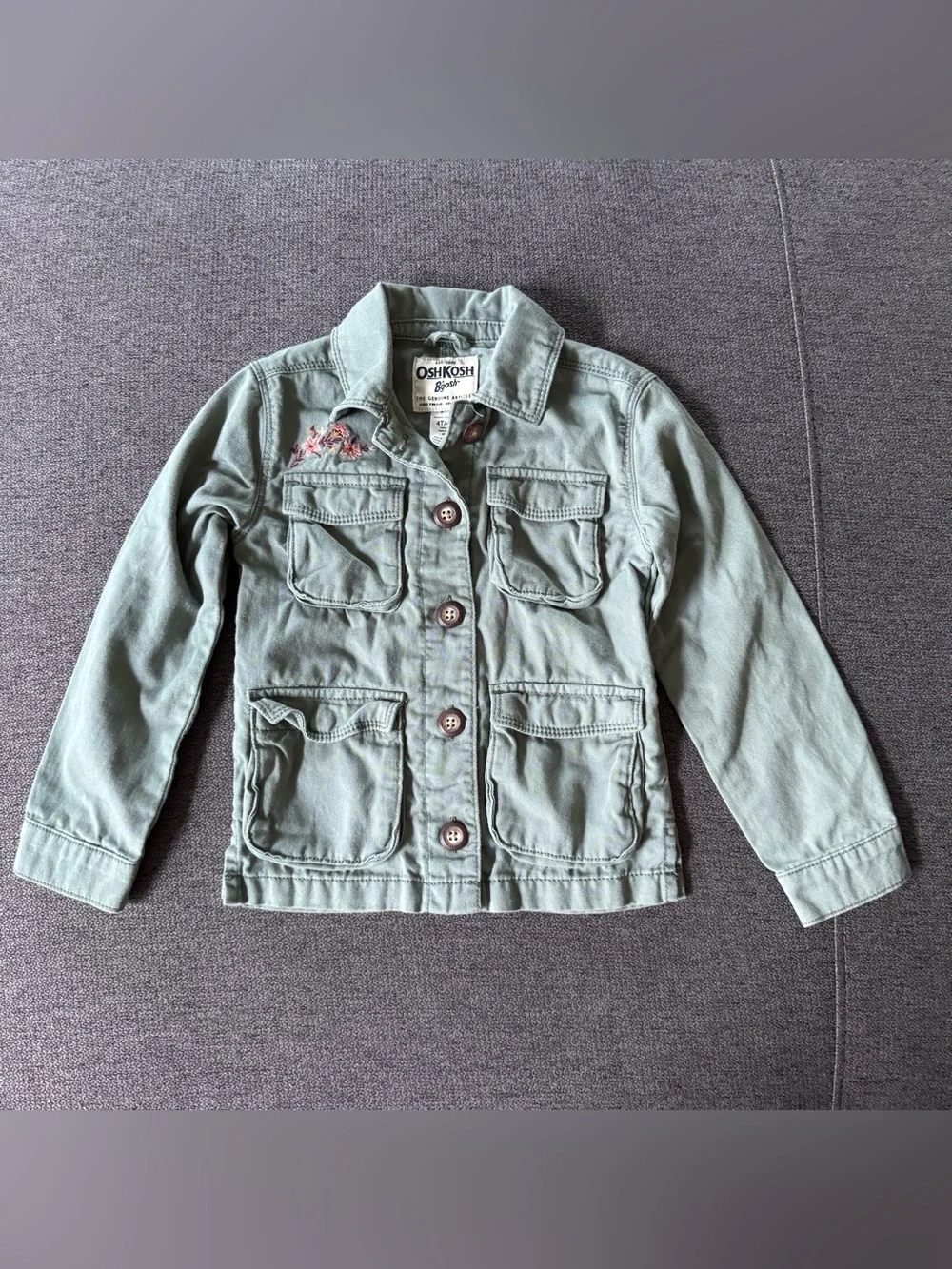 OshKosh B'gosh Girls' Sage Green Button-Front Utility Jacket Embroidered 4T